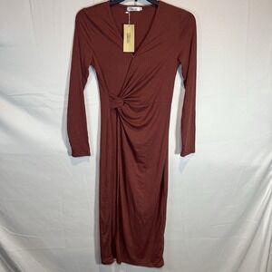 Shibever | Women's Long Sleeve Midi V Neck Casual Dress | NWT | Medium Red Brown